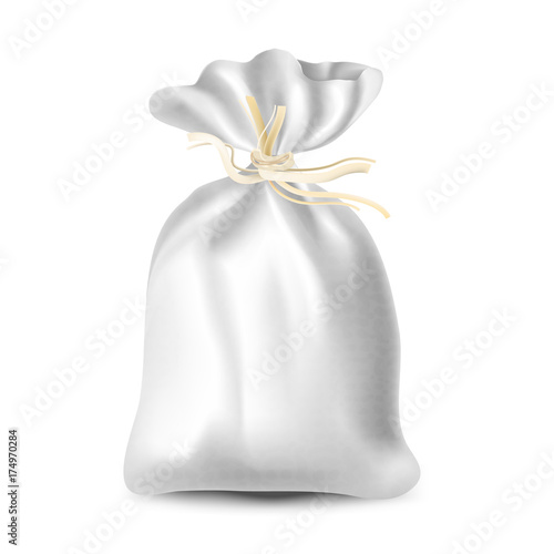 Beautiful, realistic cloth bag (sack) with straw tie. White color with linen texture © creationsofanna