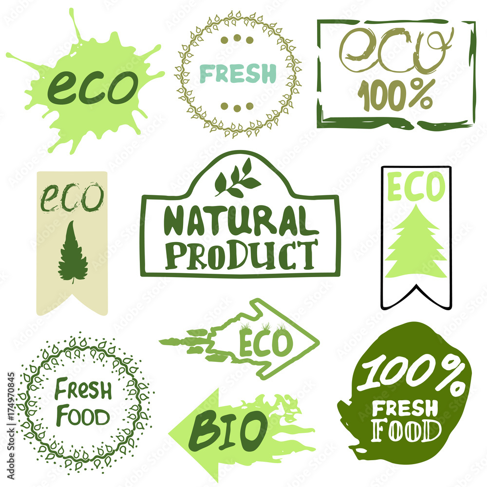 Big set with icons and logos, eco, bio, raw, fresh food concepts. Vector design elements in green colors on a white background.