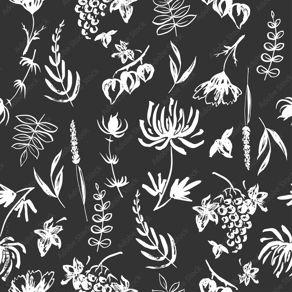 Fototapeta premium Black and white seamless patterm based on hand painted ink autumn leaves, flowers, herbs and berries