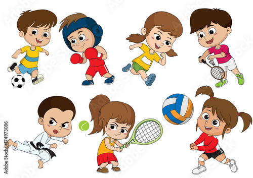 Children of various types of sports, such as soccer, boxing, running, badminton, taekwondo, play tennis, volleyball.