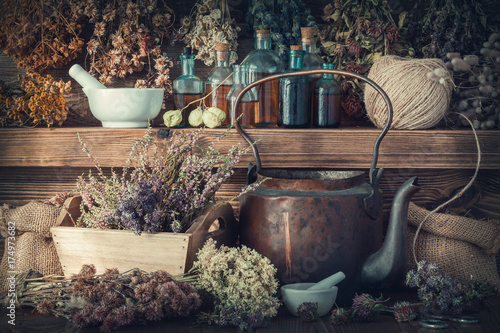 Tincture bottles, assortment of dry healthy herbs, mortar, curative drugs, old tea kettle on wooden shelf. Herbal medicine. Retro styled.