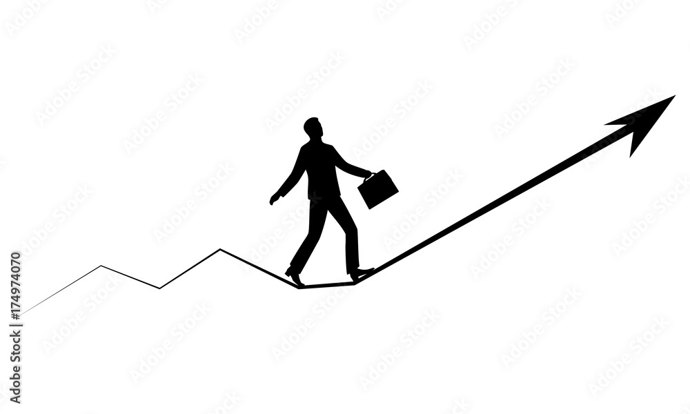 Fototapeta premium Businessman Walking Forward Along Line Growing Stock Market. Business Man Balancing on Rope. Career, Success, Earnings Growth, Growth Chart. Business Concept Silhouette Vector Illustration.
