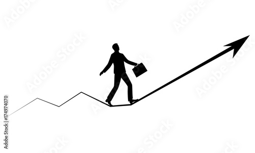 Businessman Walking Forward Along Line Growing Stock Market. Business Man Balancing on Rope. Career, Success, Earnings Growth, Growth Chart. Business Concept Silhouette Vector Illustration.