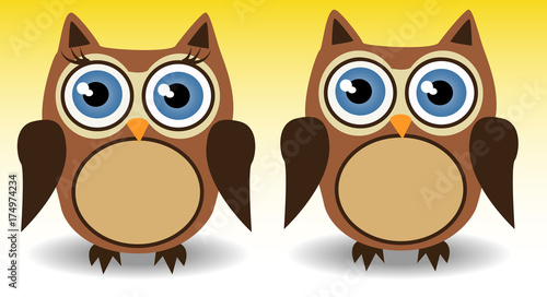 couple of owls, boy and girl with long eyelashes, love, together