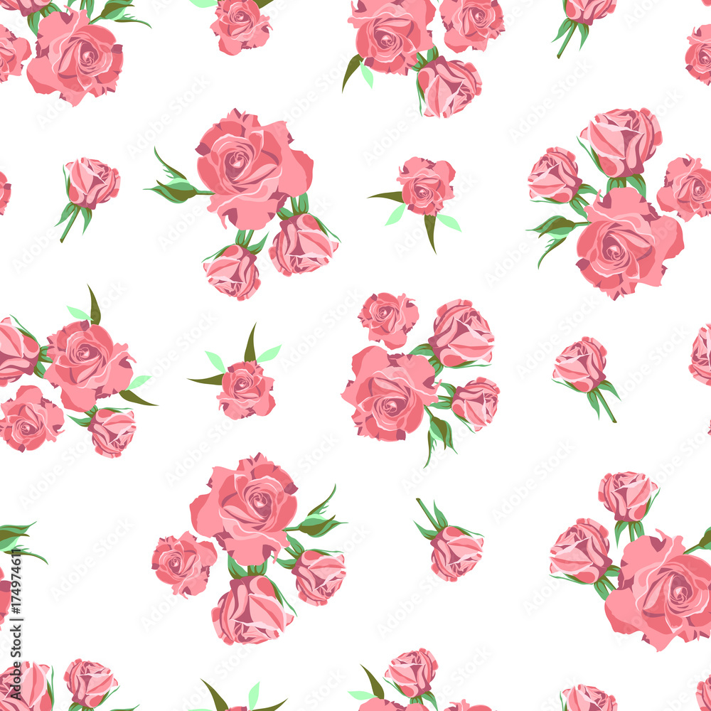 Seamless pattern on white background. Rose flowers.