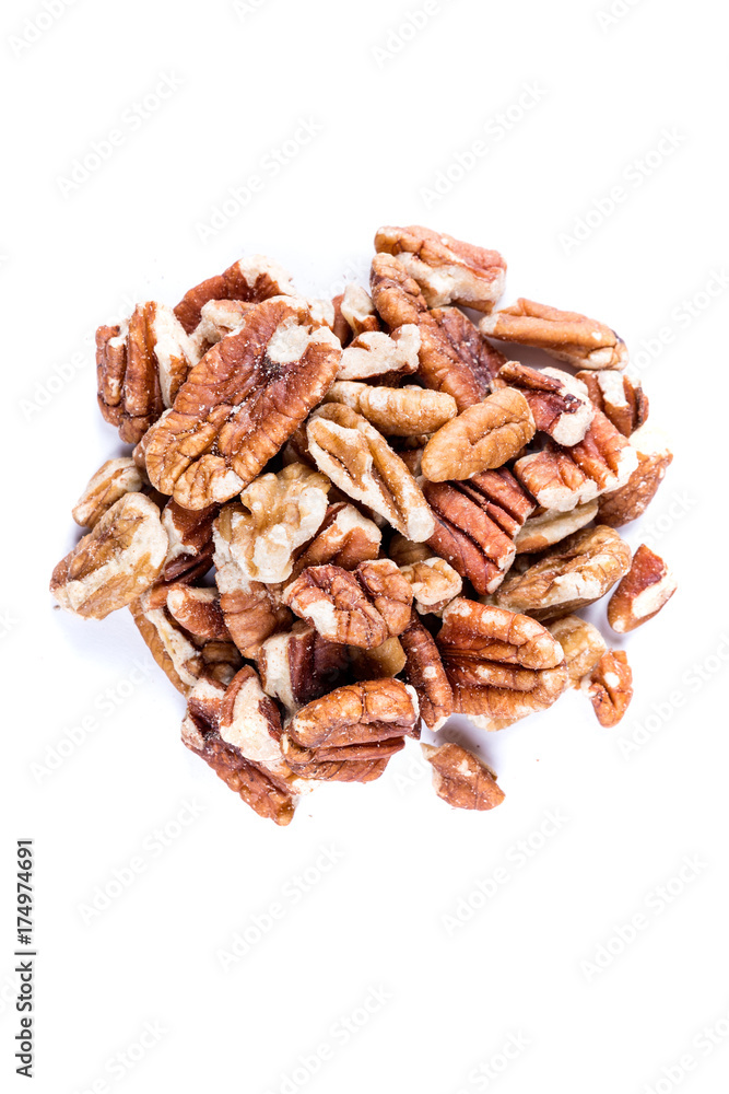 Organic shelled pecans isolated on a white background