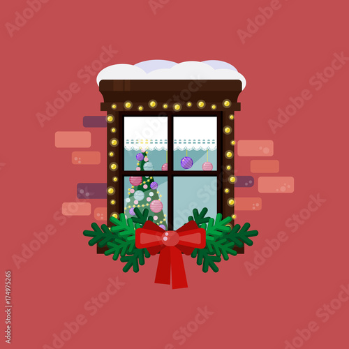 Christmas and new year window with lights garland and decoration.
