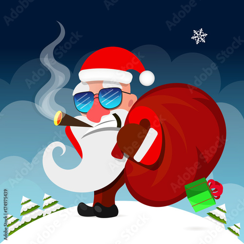 Santa Claus pulls a heavy bag full of gifts on winter landscape background.
