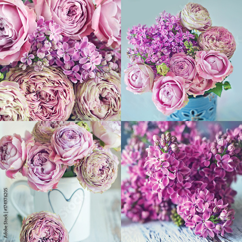 Flower collage. Flower arrangement with very beautiful flowers. Close-up floral composition with a pink roses and lilacs