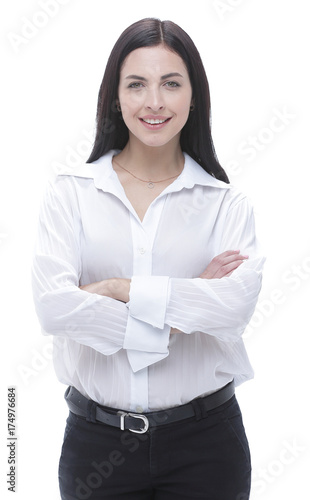 modern young business woman in white blouse.