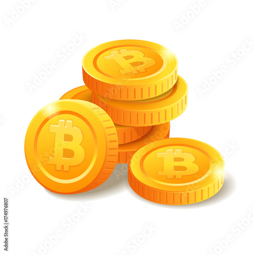 Pile of golden coins with Bitcoin symbol. Money stack. Heap of stylized cartoon gold coins isolated on white background. Stock vector illustration