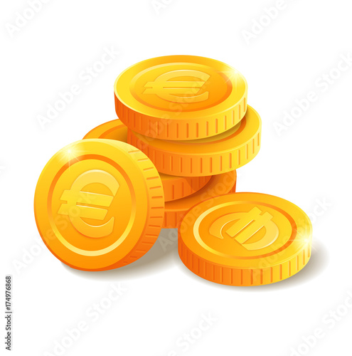 Pile of golden coins with Euro symbol. Money stack. Heap of stylized cartoon gold coins isolated on white background. Stock vector illustration