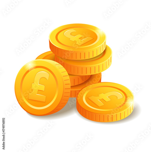 Pile of golden coins with Pound symbol. Money stack. Heap of stylized cartoon gold coins isolated on white background. Stock vector illustration