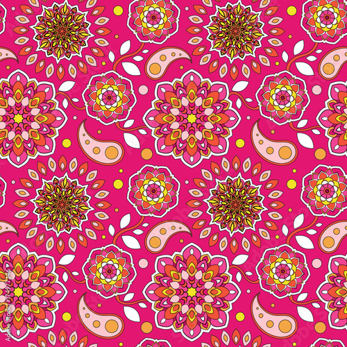 Colorful seamless pattern. Beautiful floral motif. Background in oriental style. The template for printing on fabric. Texture of mandalas on a scarlet surface.