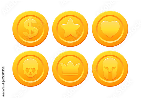 Set of stylized golden coin with star, crown, skull, heart ,dollar and helmet symbols. Collection for video game design. Stock vector illustration