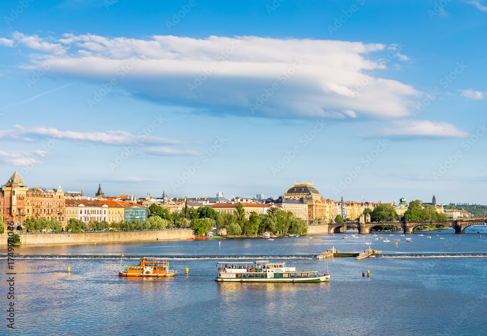 Tourist ships on Vltava river in Prague, Czech Republic
