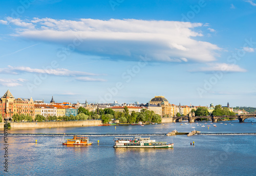 Tourist ships on Vltava river in Prague, Czech Republic