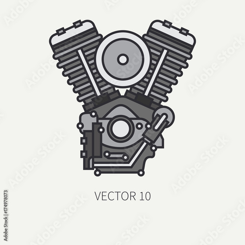Line flat color vector motorcycle icon classic bike v power motor. Legendary retro. Cartoon style. Biker motoclub. Gasoline engine. Freedom rider. Illustration, element for your design and wallpaper.