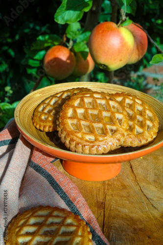 Traditional Dutch autumn apple filled cookies server in the garden under apple tree with big ripe apples