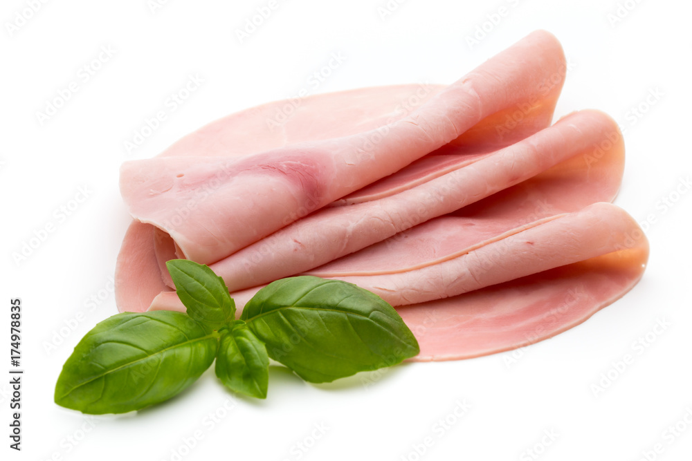 Sliced boiled ham sausage isolated on white background, top view. Sliced boiled ham sausage isolated on white background, top view.