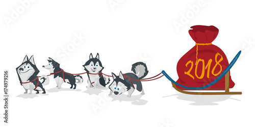 Dogs sled team and chrismas bag with numbers 2018. White background