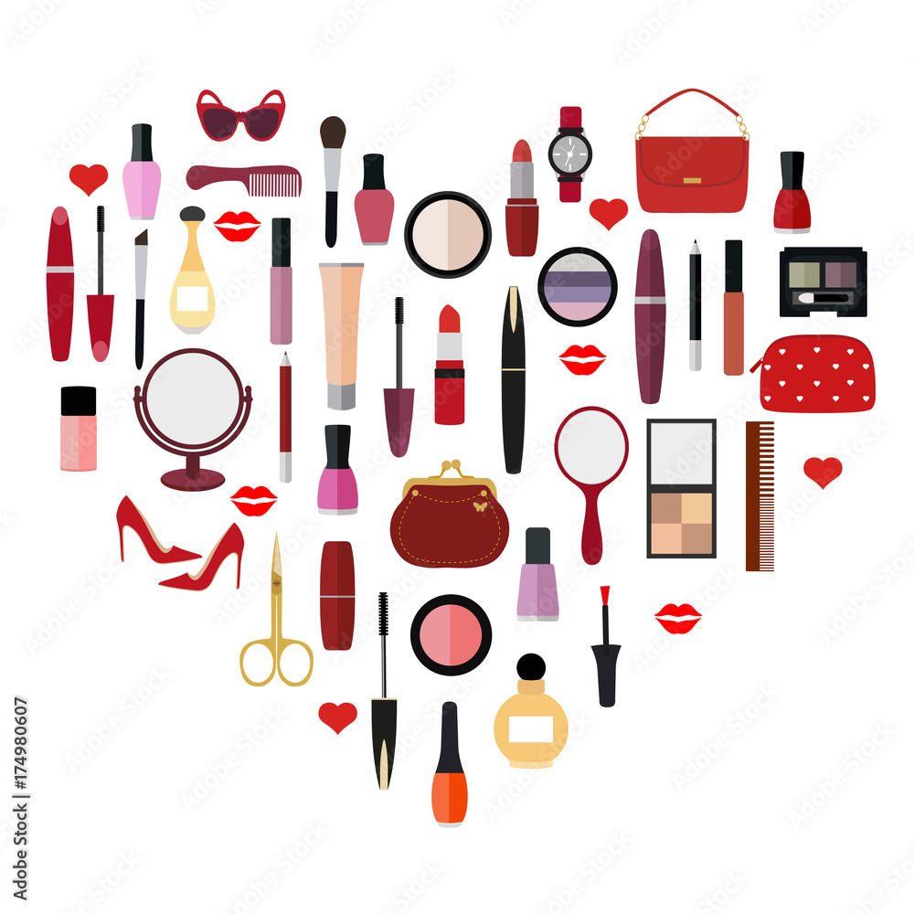 Fototapeta premium set of cosmetics in the shape of heart on a white background