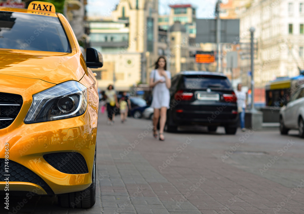 taxi car is parked on sidewalk taxi car is parked on sidewalk