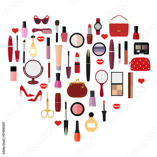 set of cosmetics in the shape of heart on a white background
