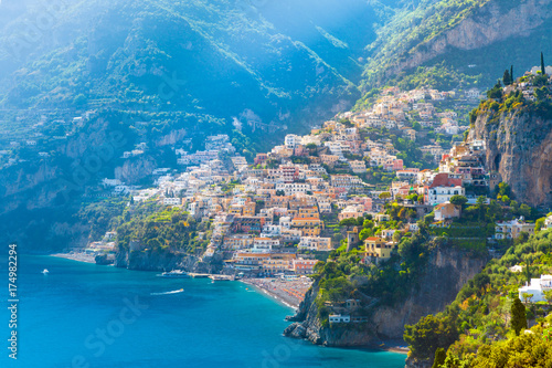 Morning view of Positano cityscape on coast line of mediterranean sea, Italy
 photo