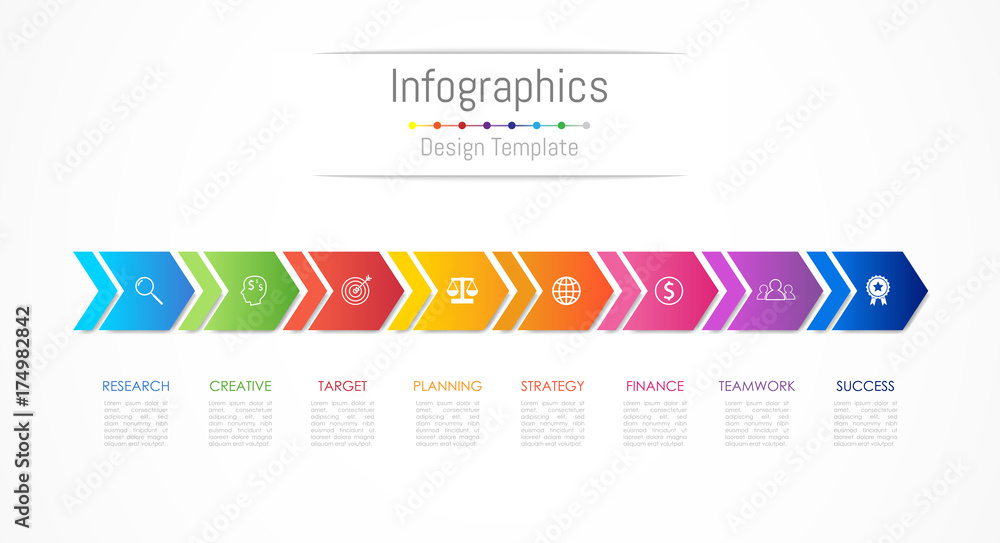 Infographic design elements for your business data with 8 options, parts, steps, timelines or processes, Arrow connect concept. Vector Illustration