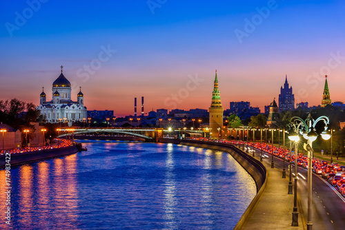 Sunset view of Cathedral of Christ the Savior, Moscow Kremlin and Moscow river in Moscow, Russia