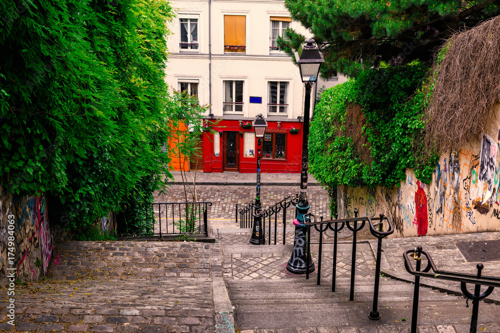 Naklejka premium Typical Montmartre staircase in Paris, France