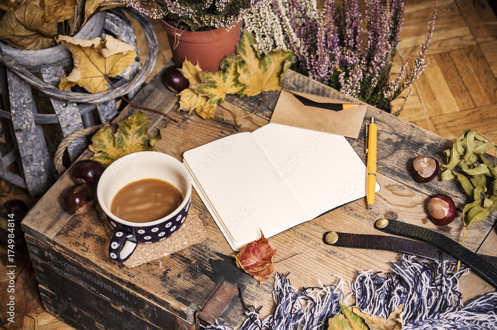 Relaxing autumn day at home with coffee and blank notebook for copyspace in warm coziness scandinavian hygge style, POV first person look which is female Relaxing autumn day at home with coffee and blank notebook for copyspace in warm coziness scandinavian hygge style, POV first person look which is female