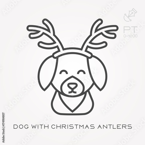 Line icon dog with christmas antlers