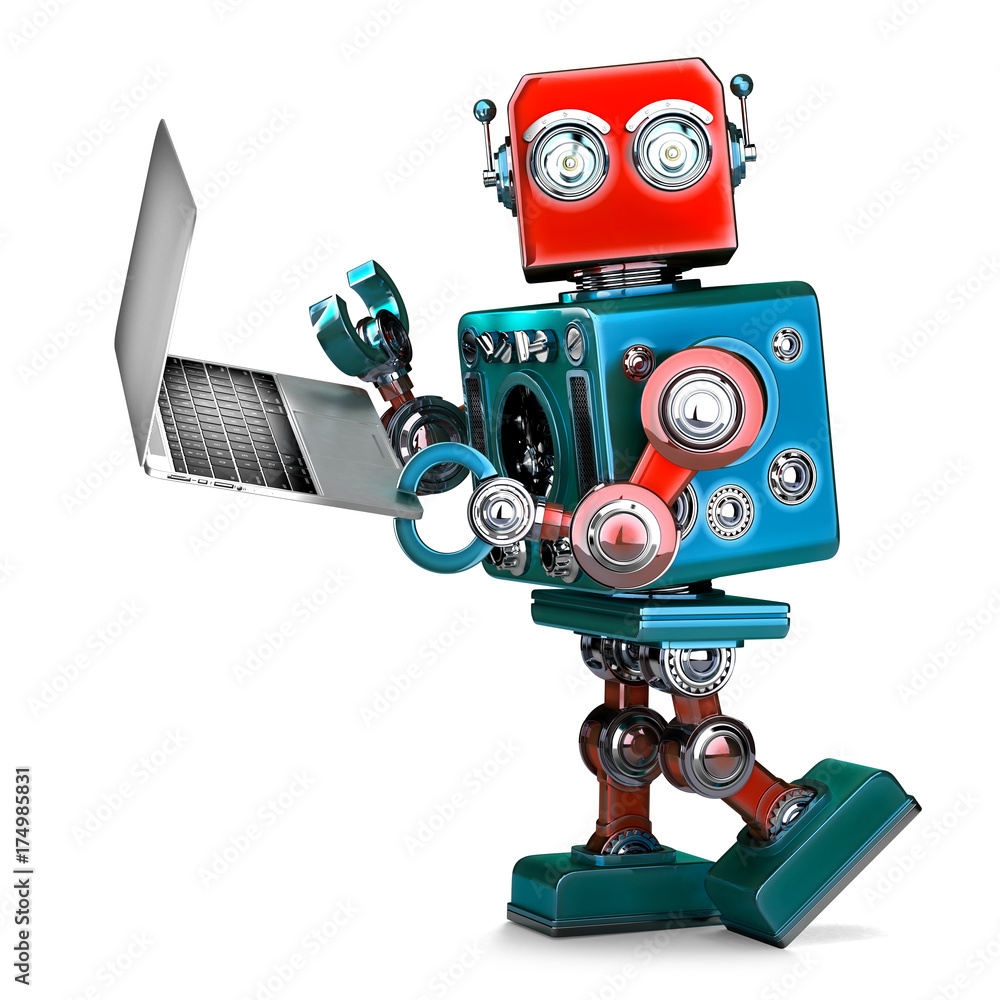 Retro Robot using laptop. 3D illustration. Isolated. Contains clipping path Retro Robot using laptop. 3D illustration. Isolated. Contains clipping path