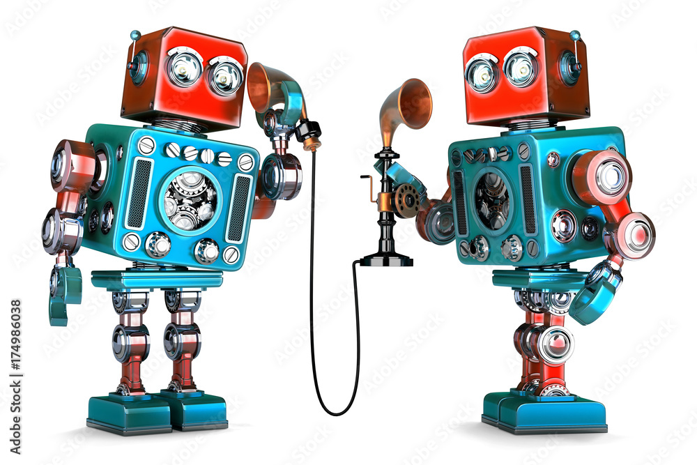 Fototapeta premium Vintage Robots having a phone conversation. 3D illustration. Isolated. Contains clipping path