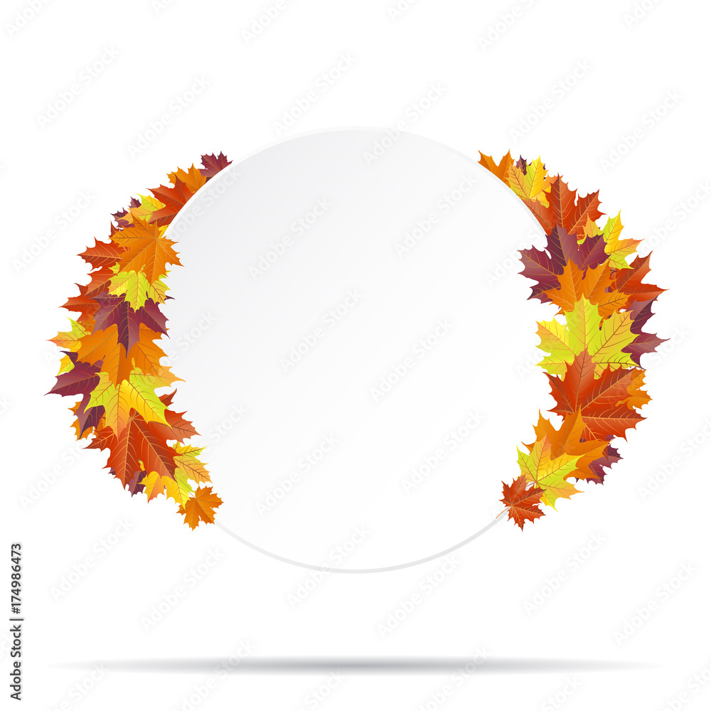 Round autumn paper banner decorated with vivid maple leaves. Vector illustration. Round autumn paper banner decorated with vivid maple leaves. Vector illustration.