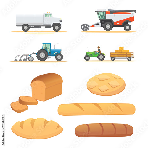 Set autumn harvesting. Farm agricultural machines and vehicle. Farming machine harvester, combine and tractor.