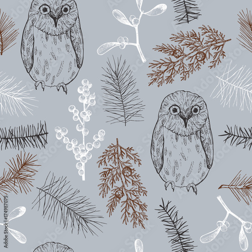  Christmas pattern with owl and Christmas plants. Vector hand-drawn illustration.