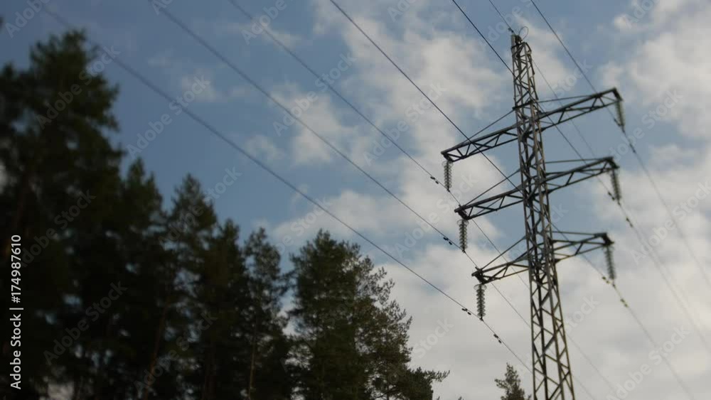 Electric pole in the blue sky, tilt shift lens, blurry image Electric pole in the blue sky, tilt shift lens, blurry image