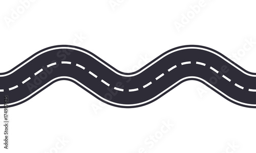 Winding road isolated on white background. Seamless pattern of asphalt road. Car traffic design template. Vector illustration.
