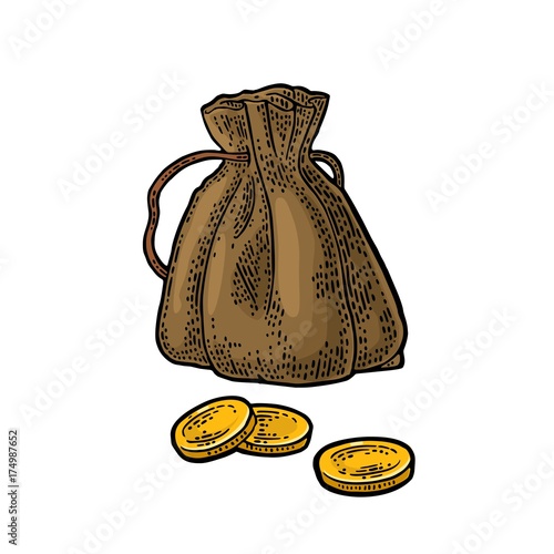 Old money bag with coins. Vintage color vector engraving