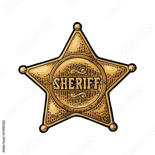 Sheriff star. Vintage color vector engraving illustration