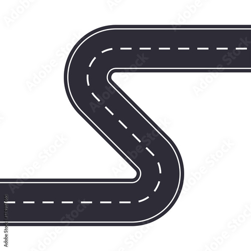 Winding road isolated on white background. Curved asphalt road or highway. Vector illustration.