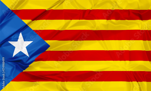 Waving Estelada Blava flag of Catalonia in Spain, or Eastern Catalan, red and yellow stripes with five pointed star in a triangle. Senyera estelada or starred flag or lion star flag. 3d background. photo