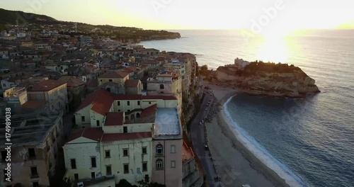 Aerial, drone view of the town Tropea in Calabria. Coast at the evening, sunset time.