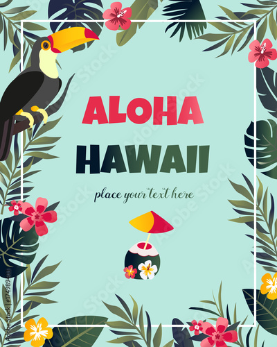 Tropical Hawaiian Poster with toucan. Party template. Invitation, banner, card.