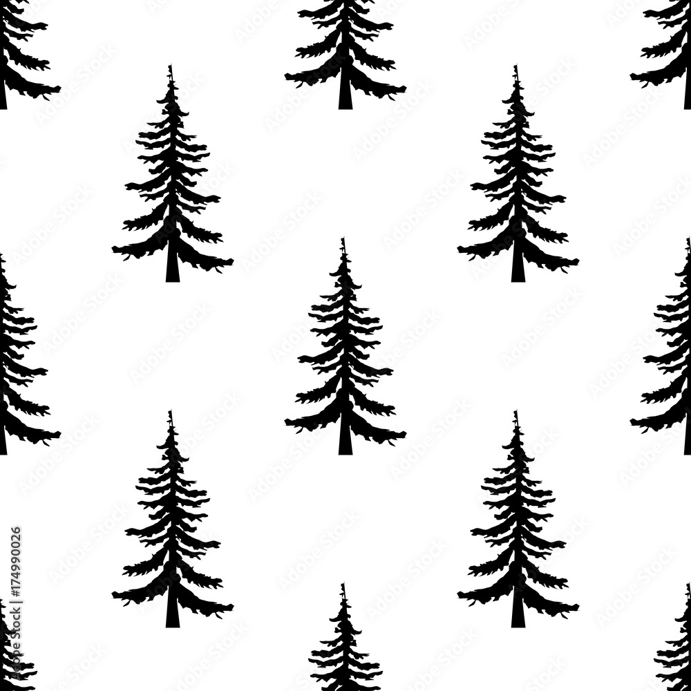Pine tree seamless pattern on white background. Simple illustration of pine tree vector pattern for web