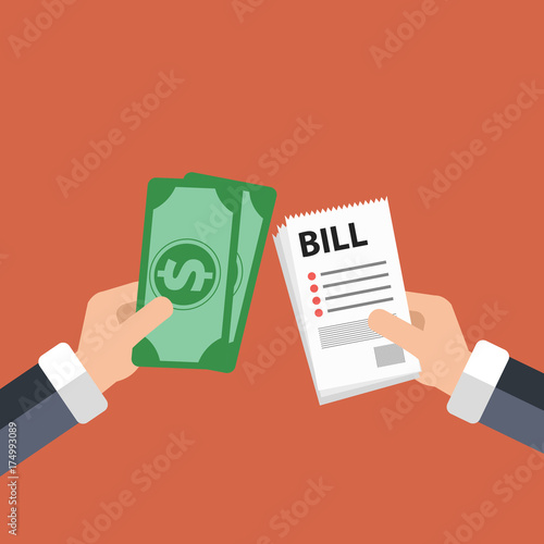 Paying bills concept. One hand giving receipt bill and another hand giving cash money. Flat vector illustration for finances