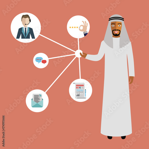 Arab businessman presenting customer relationship management. System for managing interactions with current and future customers. Flat vector illustration.
